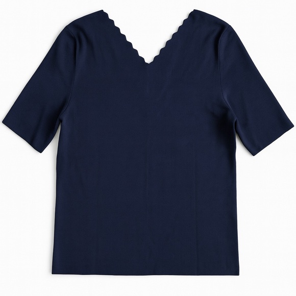 NWT Talbots Scallop Trim V-Neck Sweater Navy Blue Short Sleeve Work Classic L - Picture 1 of 8